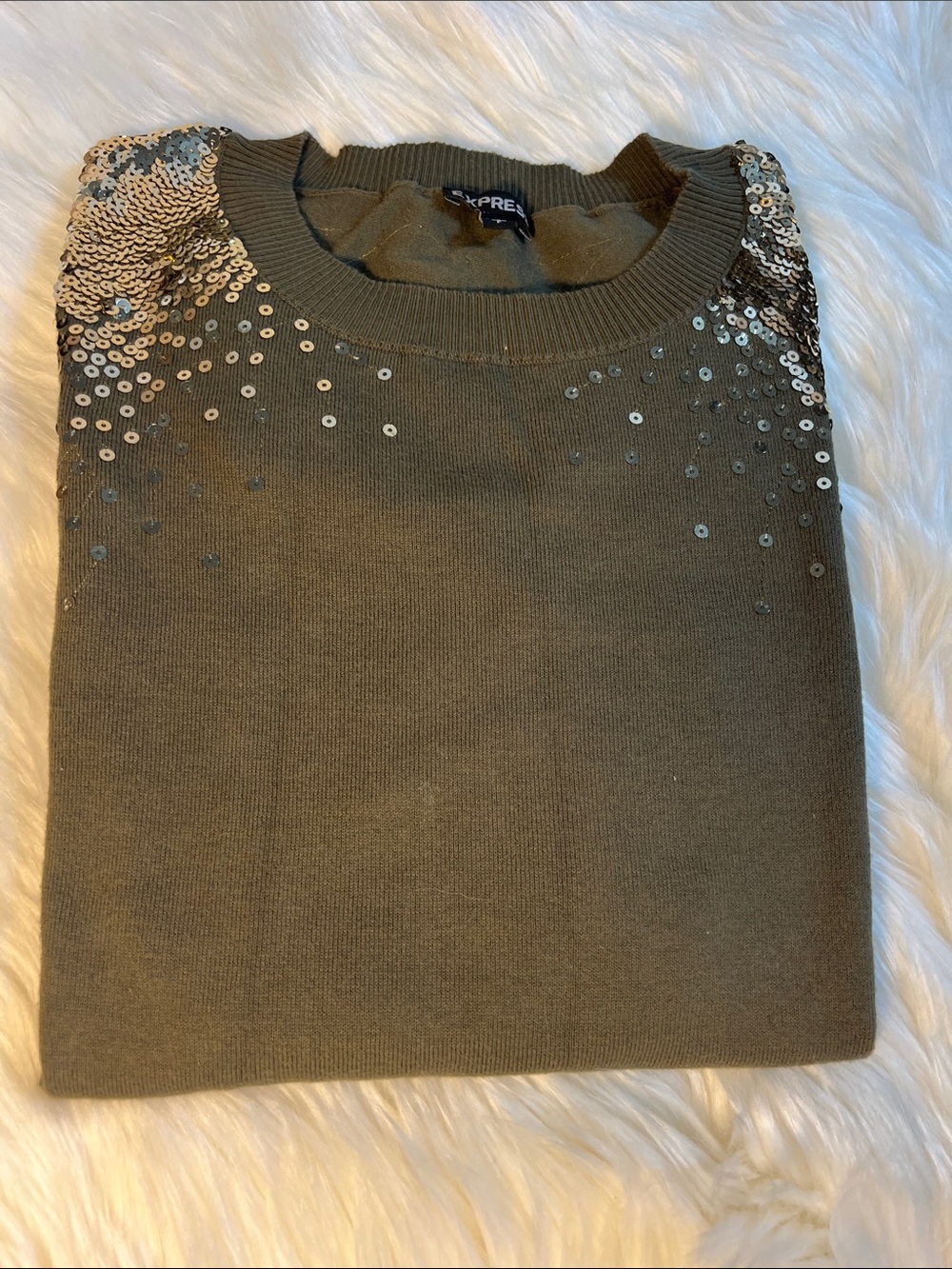 Express Olive Sequin Shoulder Embellished Knit Sweater- Olive Green Size S